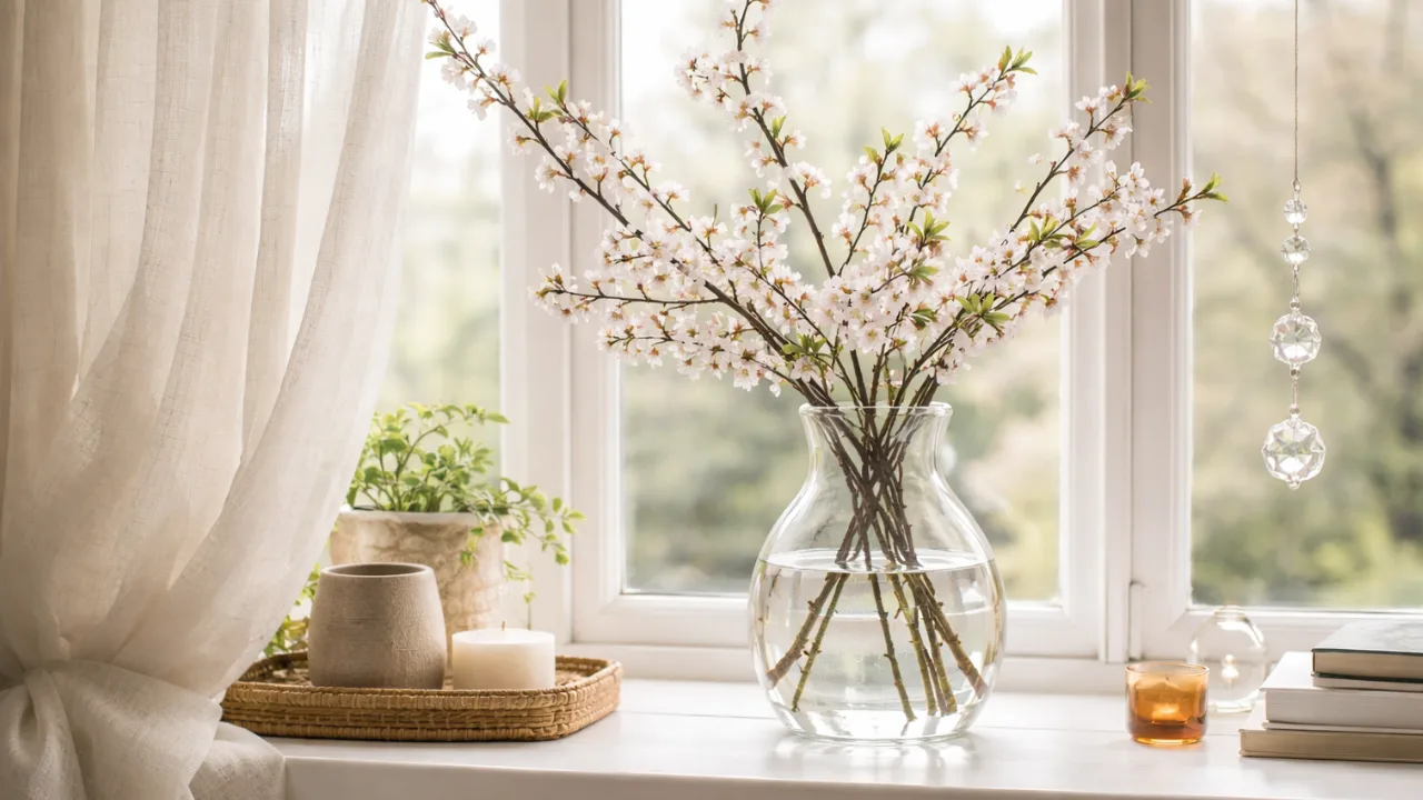 Fensterdeko im April mit Kirschblüten, Glasvase und hellem Vorhang im natürlichen Tageslicht