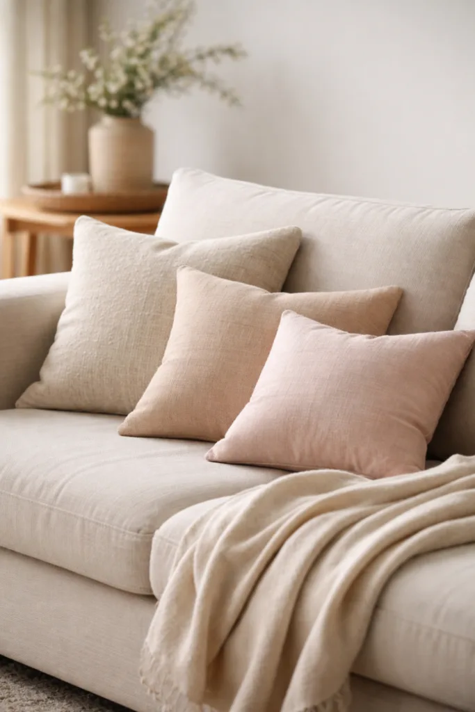 Deko fürs Sofa im April mit wenigen Kissen, lockerer Anordnung und hellen Stoffen