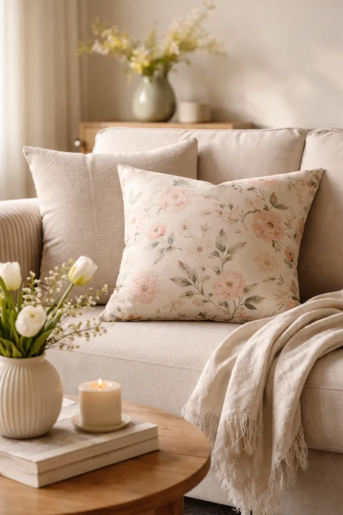 Deko fürs Sofa im April mit floralem Kissen und heller Frühlingsdeko in natürlichem Licht