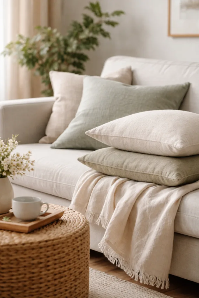 Wohnzimmer Deko im April mit hellen Kissen und leichter Decke auf Sofa