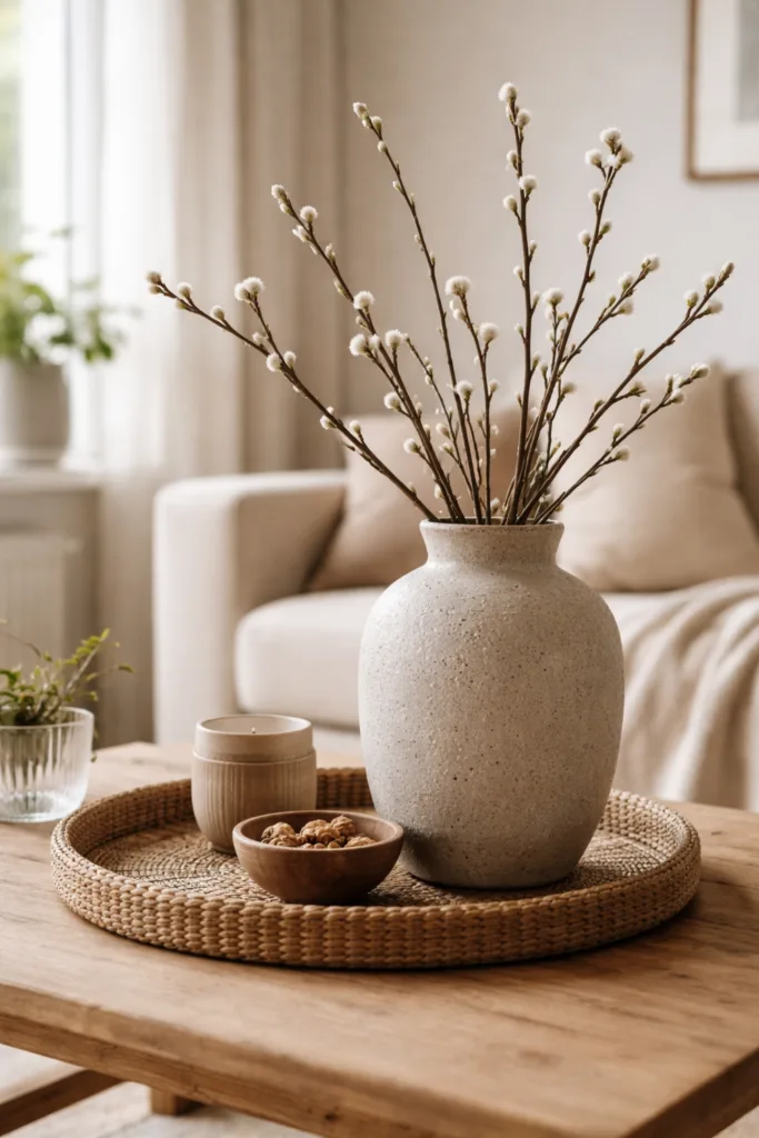 Wohnzimmer Deko im April mit Keramikvase, Holztablett und natürlichen Materialien im sanften Tageslicht