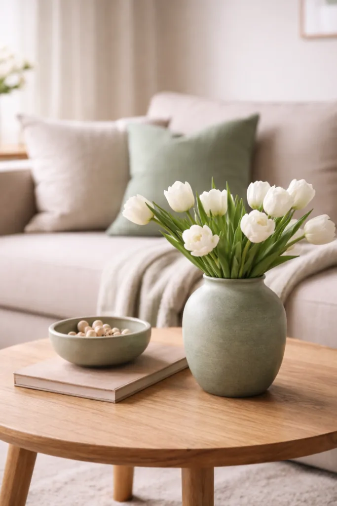 Wohnzimmer Deko im April mit gezielten Farbakzenten, Vase und Kissen in harmonischen Farben