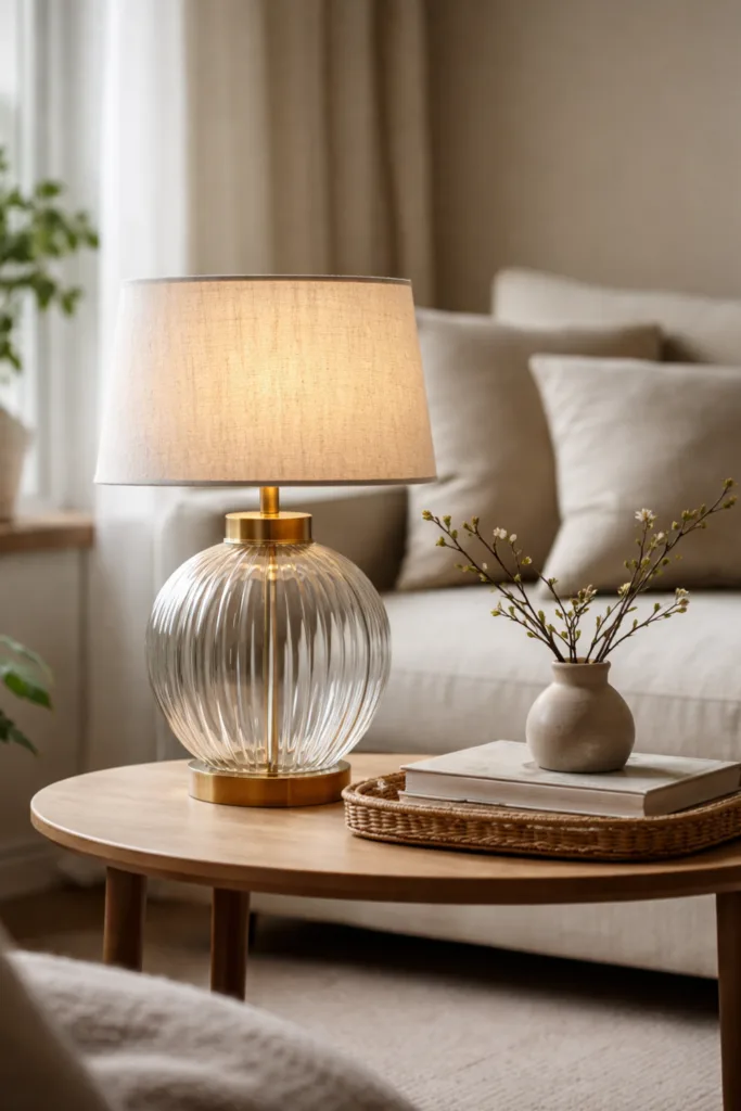 Wohnzimmer Deko im April mit natürlichem Licht, Tischlampe und heller Einrichtung