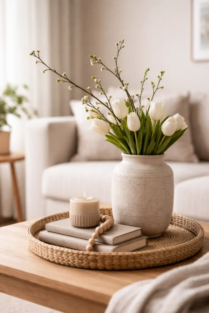 Wohnzimmer Deko im April mit Vase, Tulpen und minimalistischer Frühlingsdekoration auf dem Couchtisch