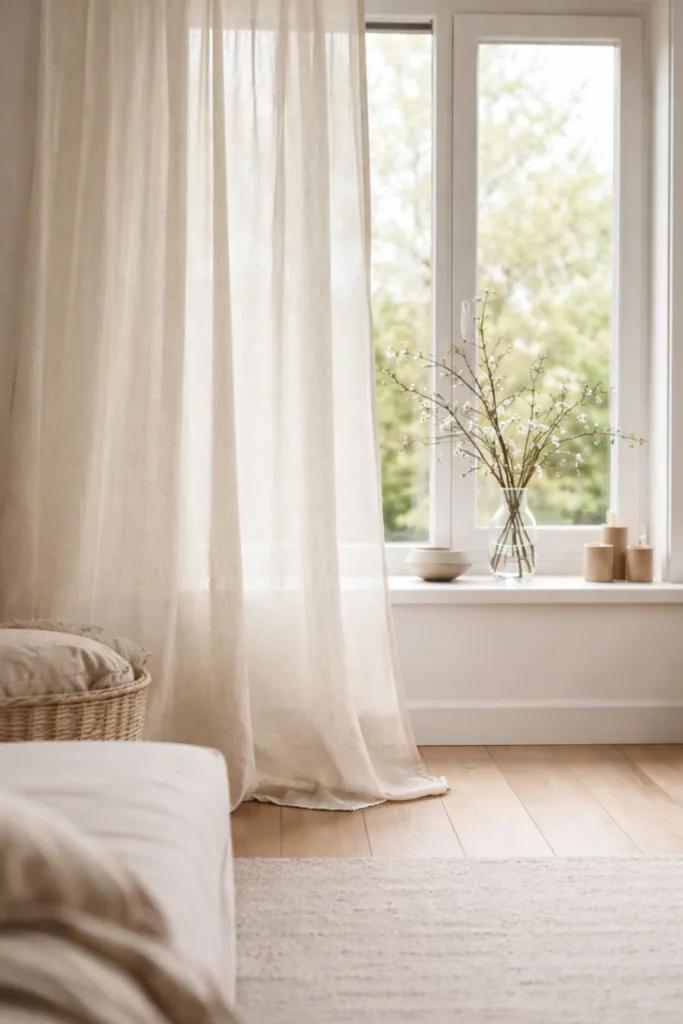 5 wunderschöne Frühlingsideen für deine Fensterbank im April Fensterdeko im April mit leichten Vorhängen, hellem Stoff und natürlichem Tageslicht im Wohnraum