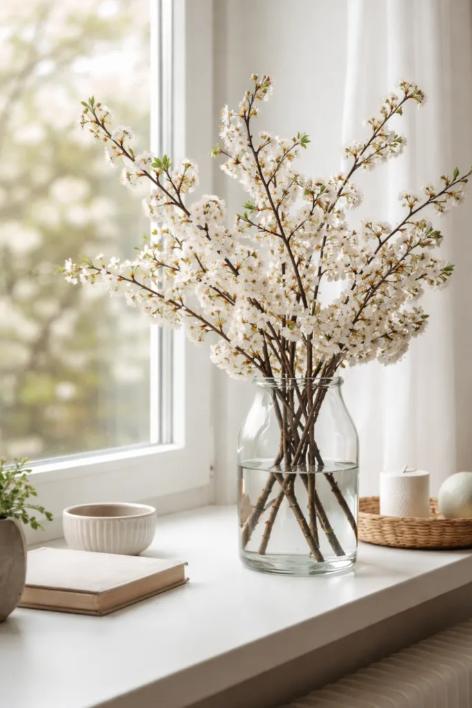 5 wunderschöne Frühlingsideen für deine Fensterbank im April Fensterdeko im April mit Kirschblütenzweigen in Glasvase, helle Frühlingsdekoration am Fenster