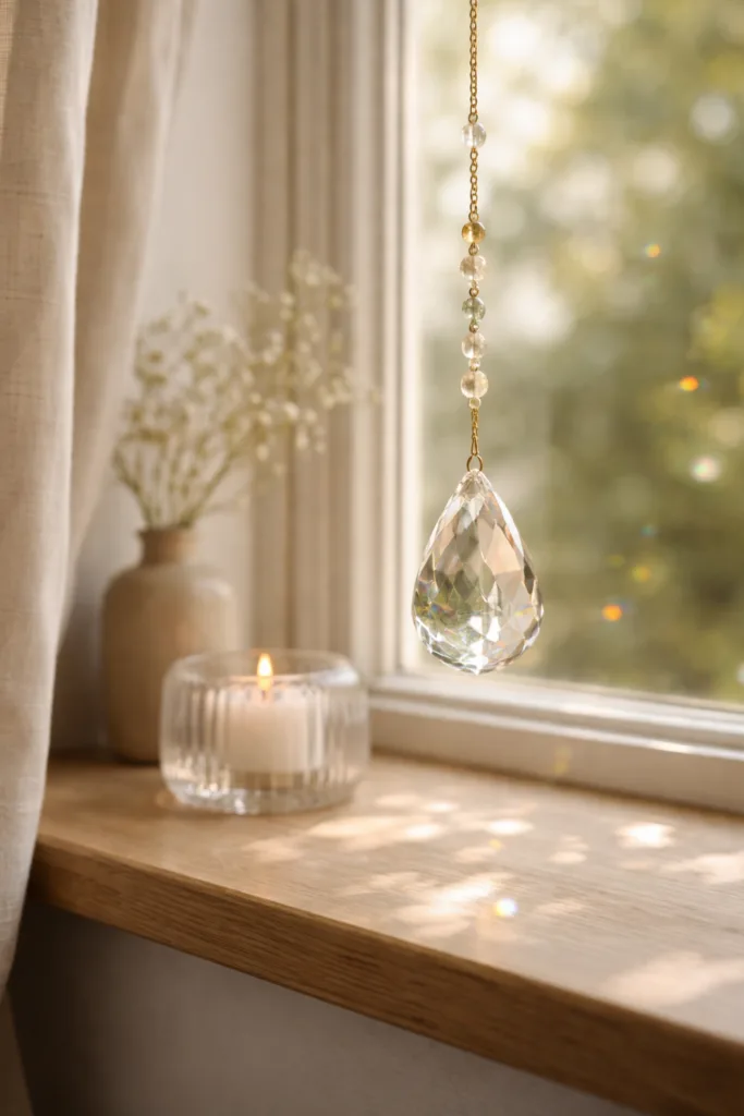 5 wunderschöne Frühlingsideen für deine Fensterbank im April Fensterdeko im April mit Glasanhänger und Lichtreflexen am Fenster für helle, natürliche Raumwirkung