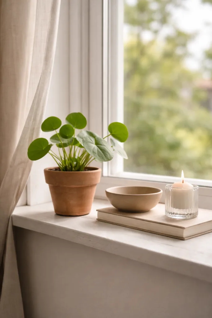 5 wunderschöne Frühlingsideen für deine Fensterbank im April Fensterdeko im April mit reduzierter Fensterbank, Pflanze und Kerze im Tageslicht