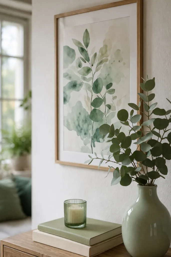 Wanddeko im April mit dezenten Frühlingsfarben, Bild und Vase in sanften Grüntönen