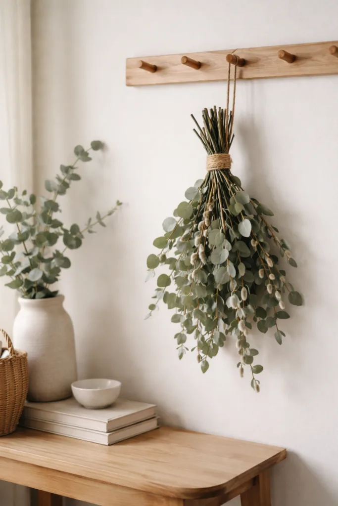 Wanddeko im April mit echten Zweigen und Eukalyptus, natürliche Frühlingsdeko an heller Wand
