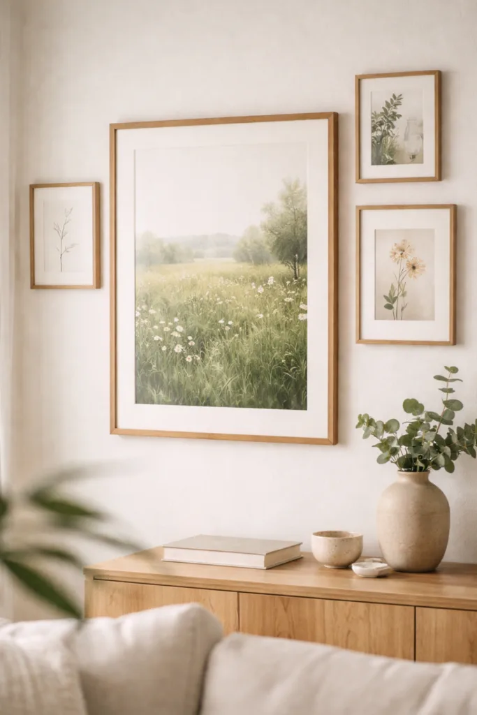 Wanddeko im April mit aufgelockerter Bilderwand, großem Bild und hellen Naturmaterialien im Wohnzimmer