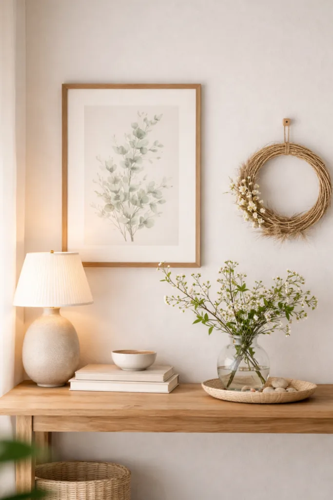 Wanddeko im April mit kleiner Fläche, Naturmaterialien und heller Frühlingsdeko stilvoll kombiniert