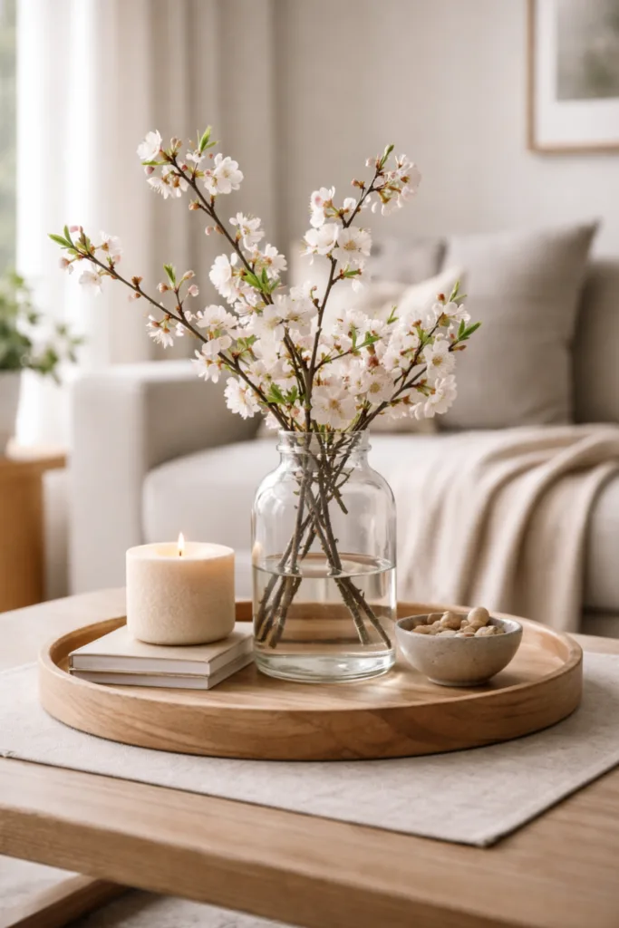 Couchtisch im April dekorieren – 5 schöne Ideen für dein Zuhause Couchtisch Deko im April mit Vase, Zweigen und Tablett in natürlicher Anordnung
