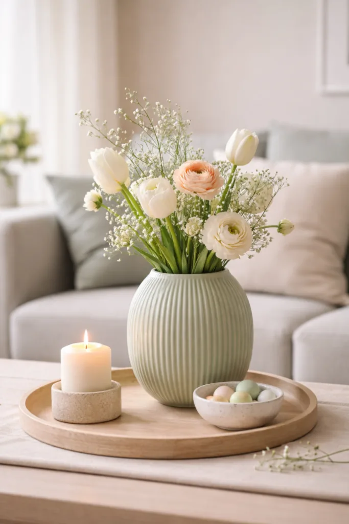 Couchtisch im April dekorieren – 5 schöne Ideen für dein Zuhause Couchtisch Deko im April mit Vase, Tulpen und ruhiger Farbgestaltung im Wohnzimmer