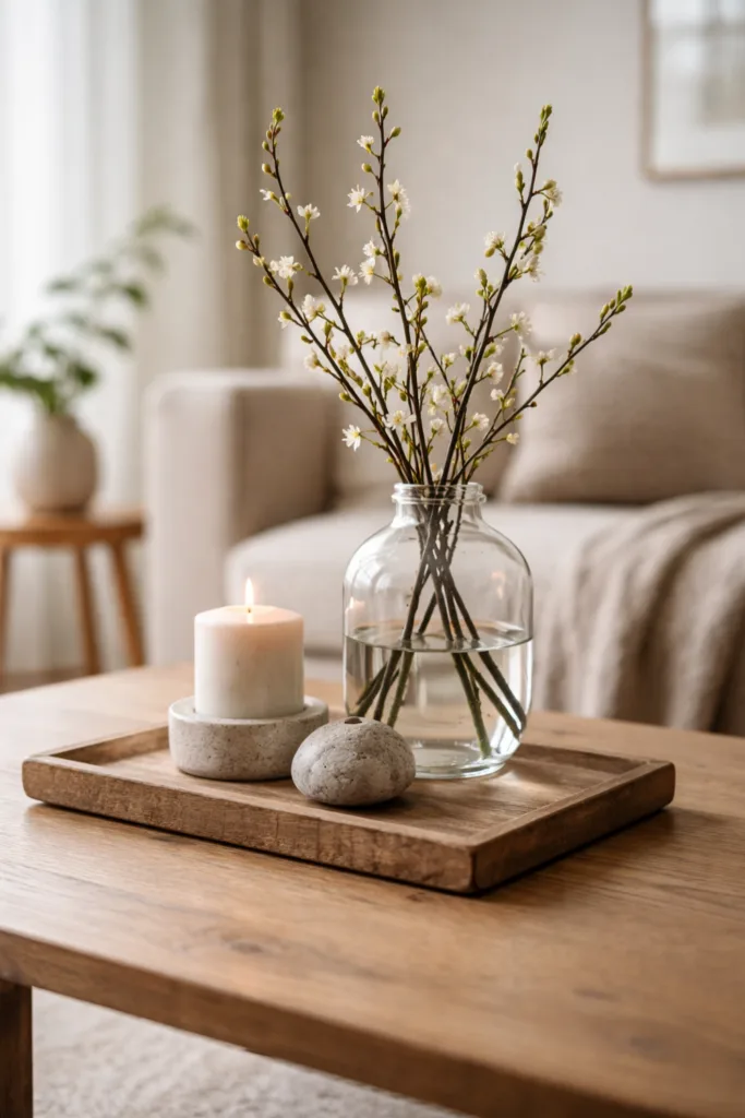 Couchtisch im April dekorieren – 5 schöne Ideen für dein Zuhause Couchtisch Deko im April mit Glasvase, Holztablett und Keramik für mehr Tiefe