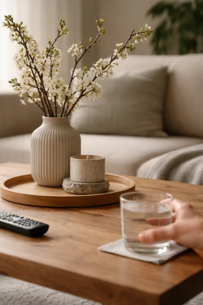 Couchtisch im April dekorieren – 5 schöne Ideen für dein Zuhause Couchtisch Deko im April mit Tablett, Vase und Kerze, alltagstauglich und stilvoll arrangiert