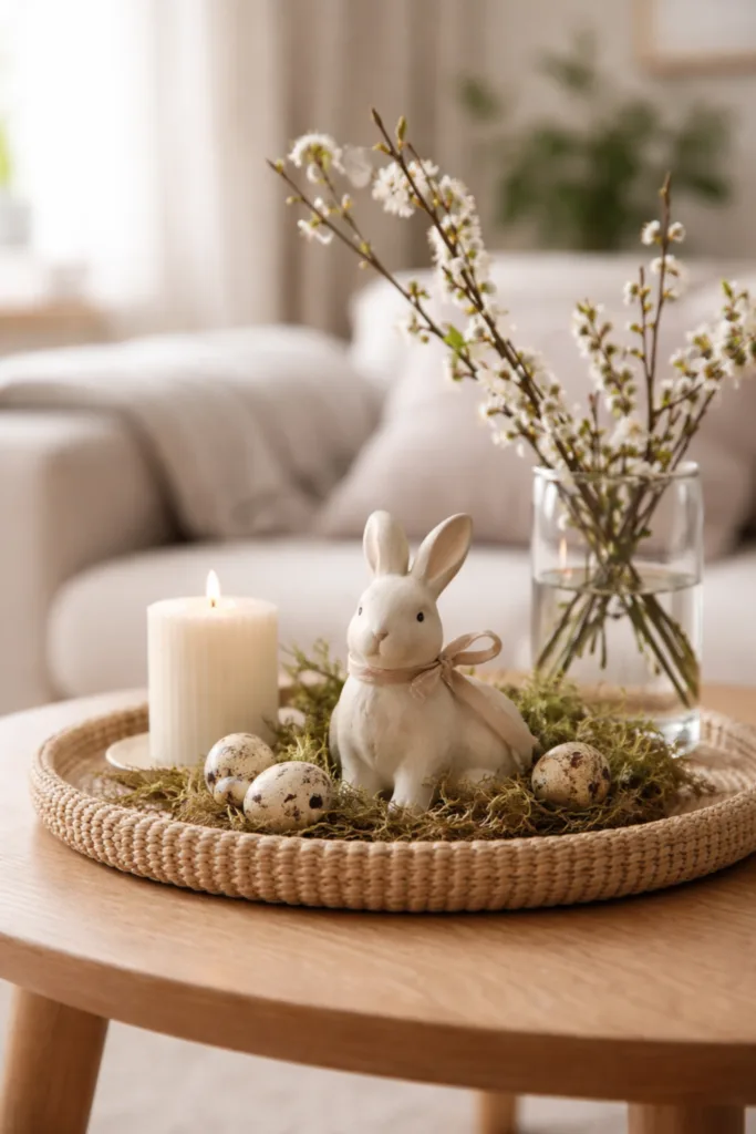 Couchtisch im April dekorieren – 5 schöne Ideen für dein Zuhause Couchtisch Deko im April mit Osterhase, Vase und natürlicher Frühlingsdeko auf Tablett