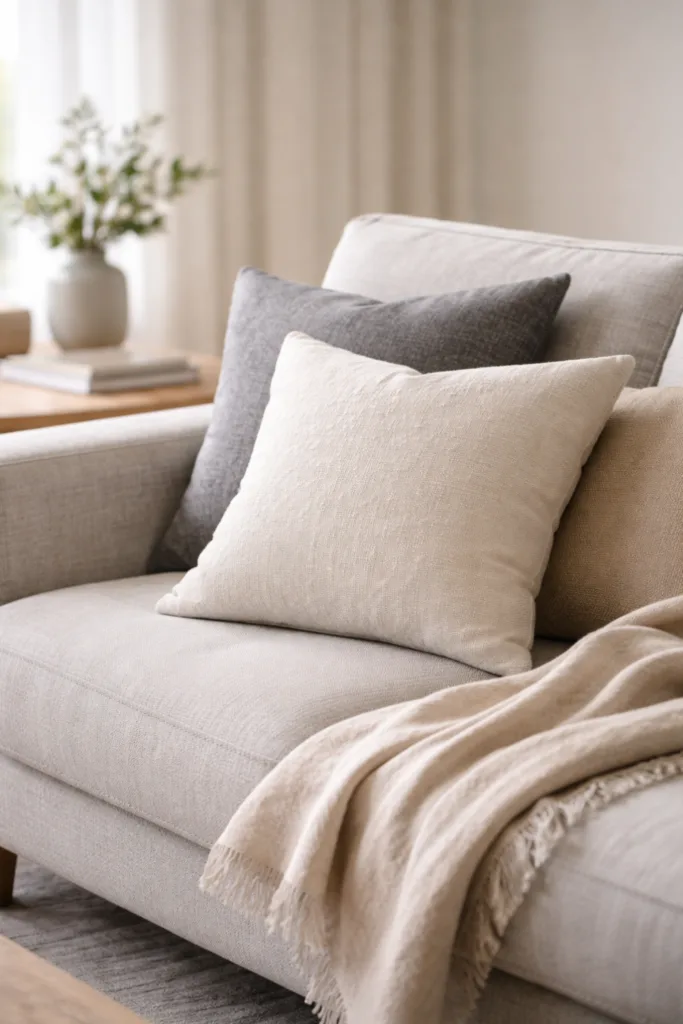 Sofa Deko April mit hellen Kissen und leichter Decke für frische Frühlingswirkung