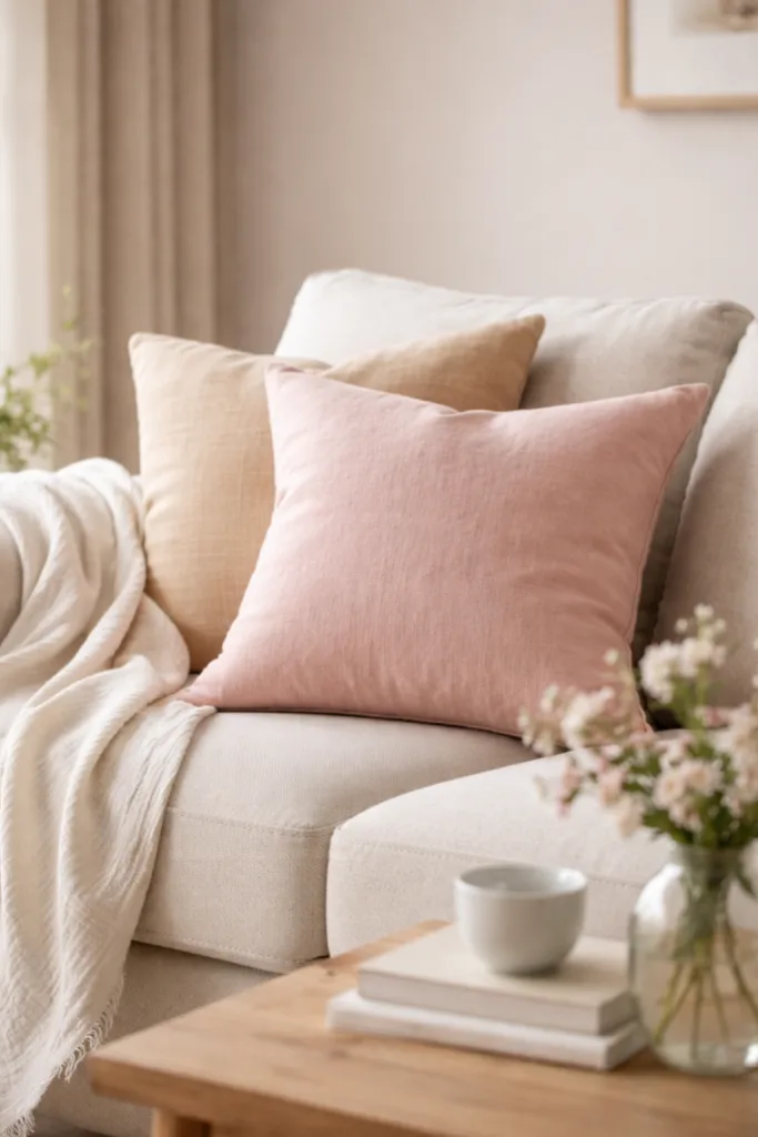 Sofa mit Kissen in Rosé und Beige, Frühlingsfarben kombiniert statt bunt gemischt im April Wohnzimmer
