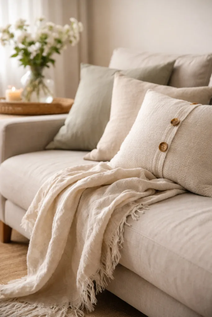 Sofa Deko April mit Leinenkissen und leichter Decke für frische Raumwirkung