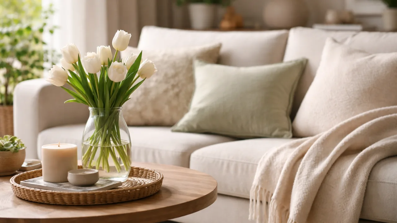 Kleines Wohnzimmer im April mit heller Deko, Tulpen, Sofa und natürlichem Licht