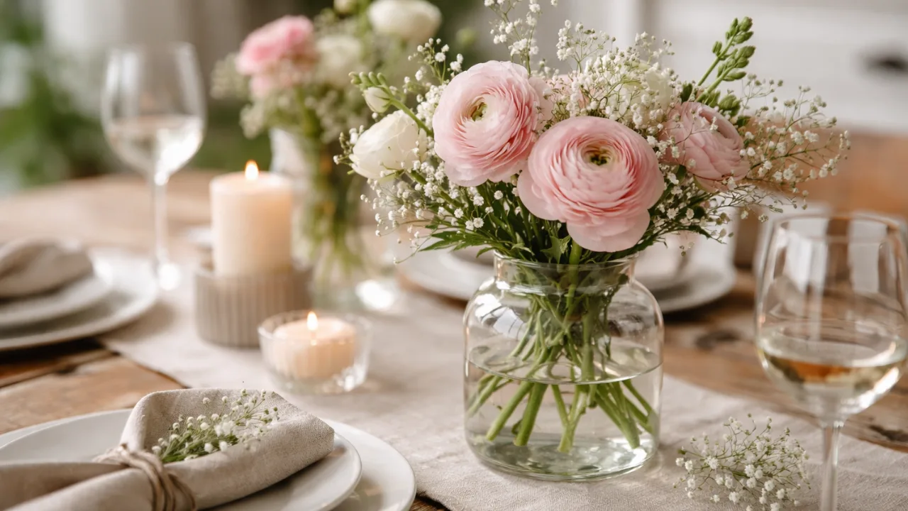Muttertag Tischdeko Esstisch mit Blumen, Kerzen und natürlicher Tischgestaltung im Frühling