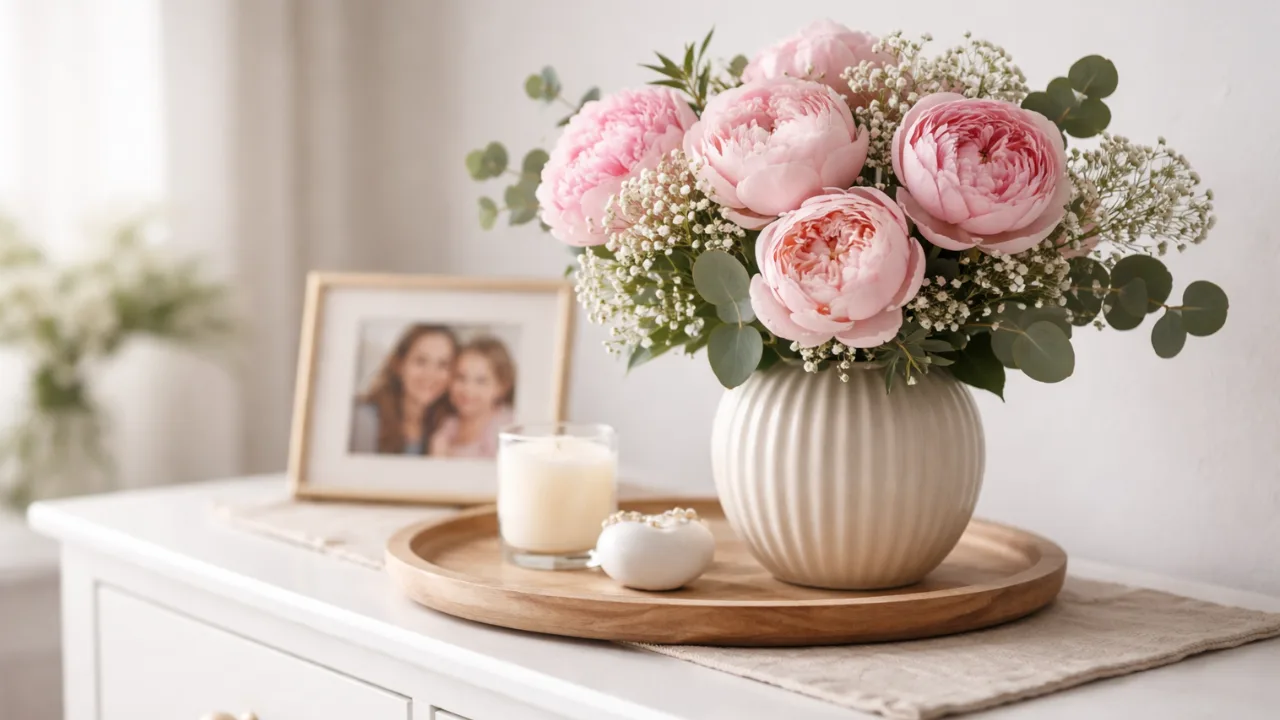 Muttertagsdeko Kommode mit Blumen, Foto und Kerze in harmonischer Gestaltung