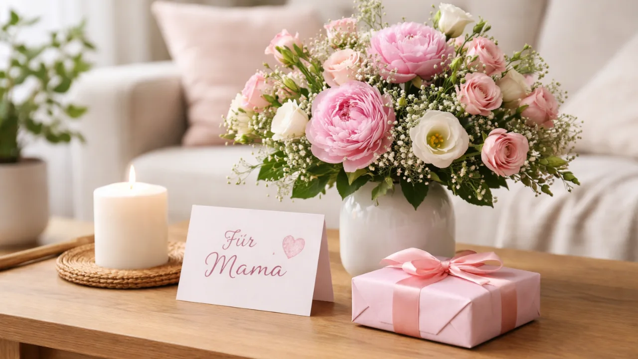 Muttertag Deko im Wohnzimmer mit Blumenstrauß, Kerze und Geschenk auf Couchtisch