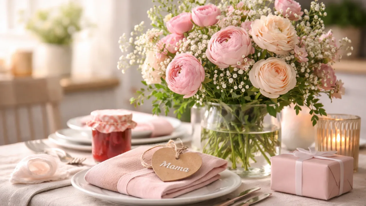 Muttertagdeko Küchentisch mit Blumenstrauß, gedecktem Tisch und Geschenkidee in Pastellfarben