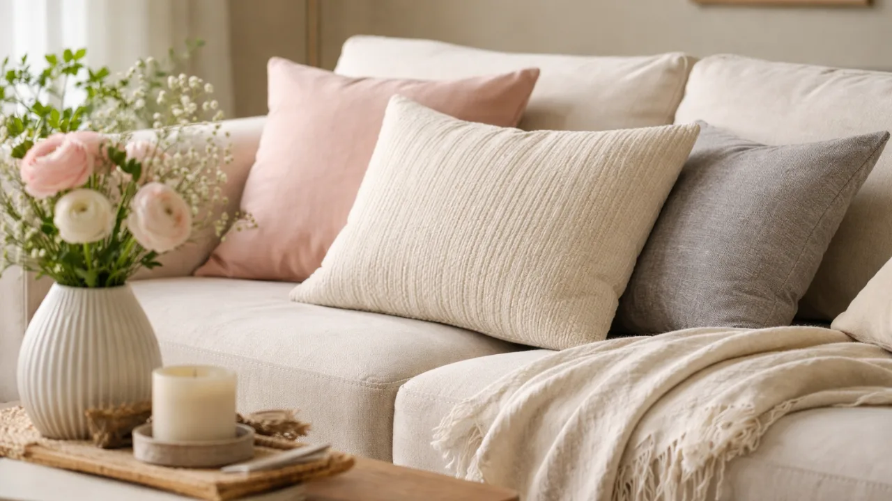 Sofadeko im April mit hellen Kissen, Leinen-Decke und frischen Frühlingsfarben auf modernem Sofa