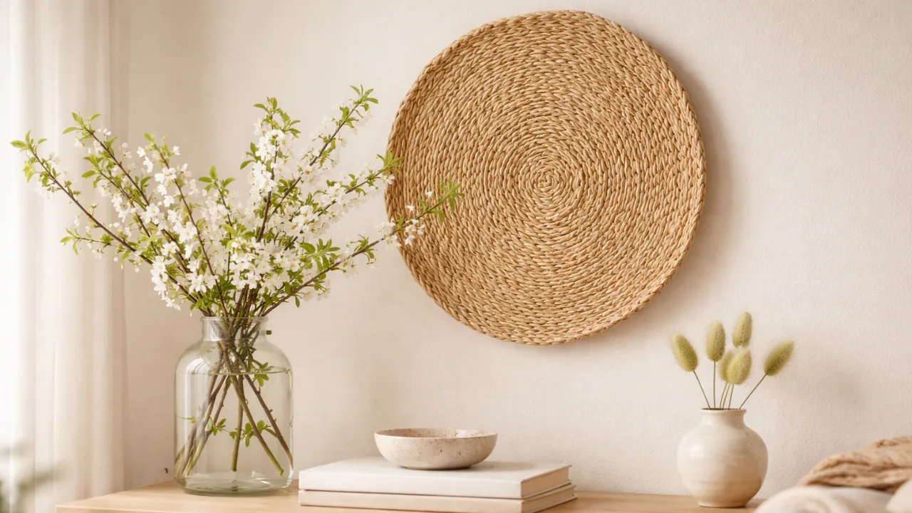 Wanddeko im April mit Bast Wandteller, Holzkonsole und frischen Frühlingsblumen in heller Raumgestaltung