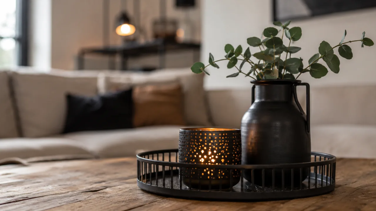 Moderne Wohnzimmerdeko aus Metall mit Kerzenhalter und schwarzer Metallvase auf Holztisch.