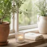 Fensterbankdeko im Juni mit Olivenbaum, Glaslicht und heller Sommerdekoration am Fenster