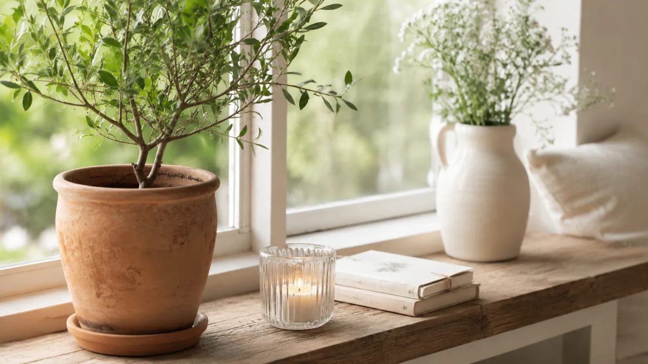 Fensterbankdeko im Juni mit Olivenbaum, Glaslicht und heller Sommerdekoration am Fenster