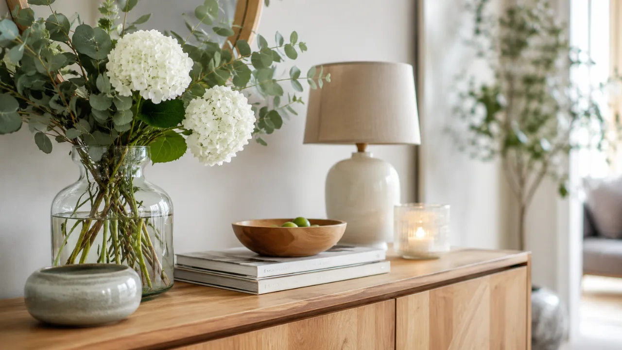 Kommode Deko im Juni mit Blumen, Keramik und heller Sommerdekoration im Wohnzimmer.