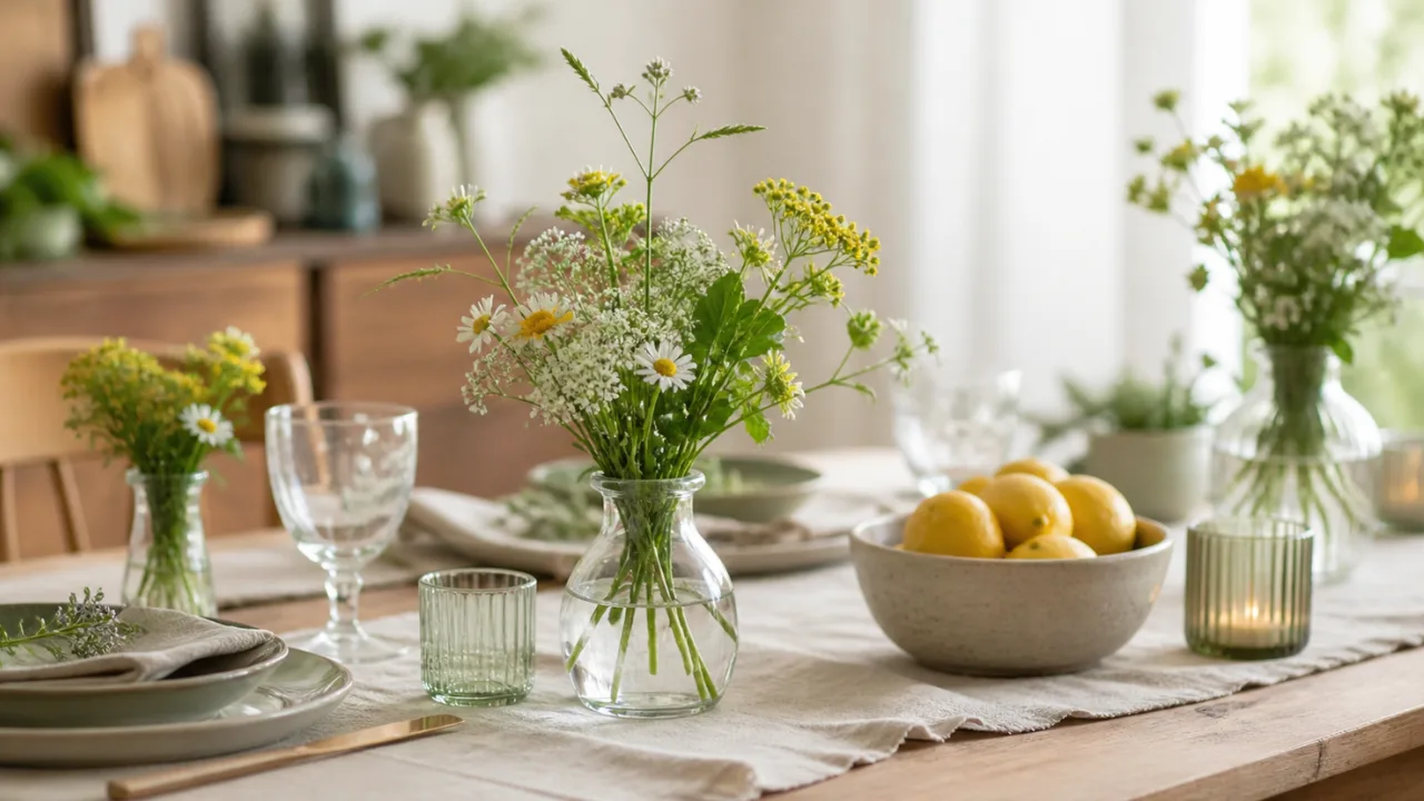 Esstisch Deko im Mai mit Wiesenblumen, Holz, Leinen und natürlichem Licht in ruhiger Atmosphäre