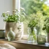 Fensterbank Deko im Mai mit Blumen, Glasvasen und natürlichen Materialien im Tageslicht