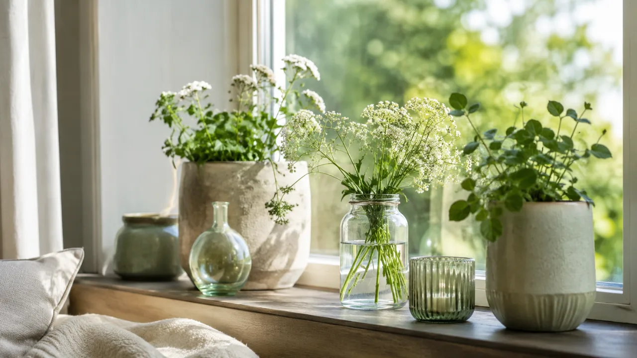 Fensterbank Deko im Mai mit Blumen, Glasvasen und natürlichen Materialien im Tageslicht