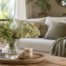 Wohnzimmerdeko im Juni mit Leinen, Holz und heller Sommerdekoration im modernen Wohnzimmer.