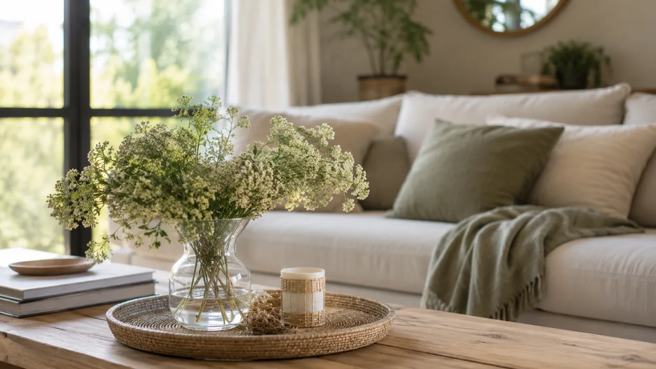 Wohnzimmerdeko im Juni mit Leinen, Holz und heller Sommerdekoration im modernen Wohnzimmer.