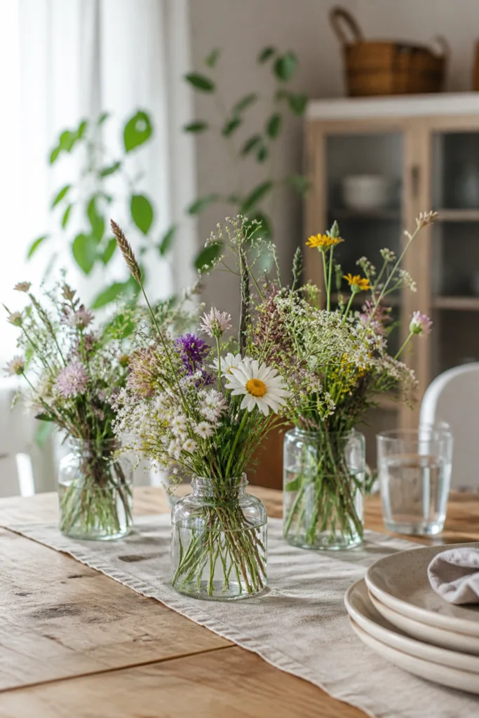 Esstisch Deko im Mai mit Wiesenblumen in kleinen Glasvasen auf Holztisch natürlich dekoriert