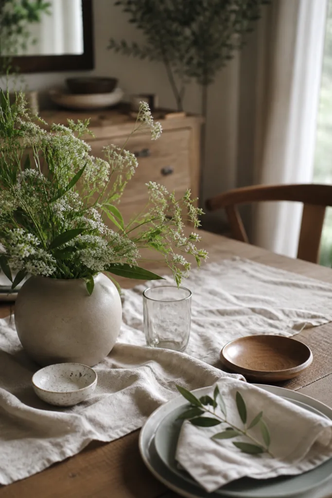 Esstisch Deko im Mai mit natürlichen Materialien wie Holz, Leinen, Keramik und Blumen im sanften Tageslicht