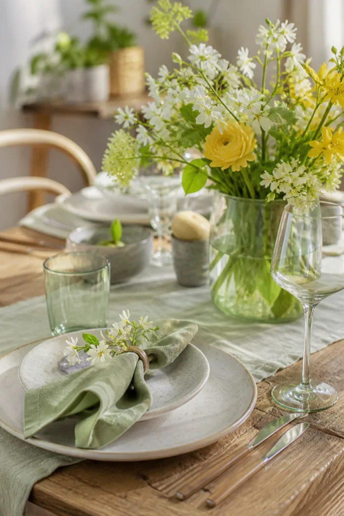 Esstisch Deko im Mai mit sanften Frühlingsfarben Grün Weiß Gelb und Blumen