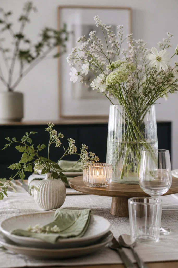 Esstisch Deko im Mai mit Höhenunterschieden, Vase, Holztablett und natürlicher Tischgestaltung