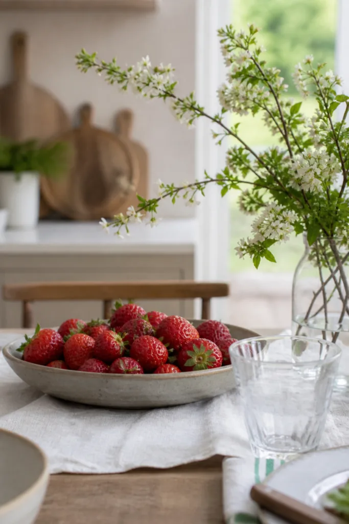 Esstisch Deko im Mai mit Erdbeeren, Zweig und natürlicher Frühlingsdeko auf Holztisch