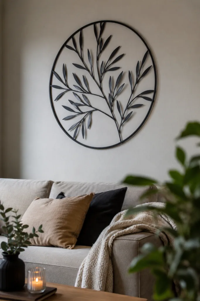 Wohnzimmerdeko aus Metall mit schwarzer Wanddeko über hellem Sofa im modernen Wohnzimmer.
