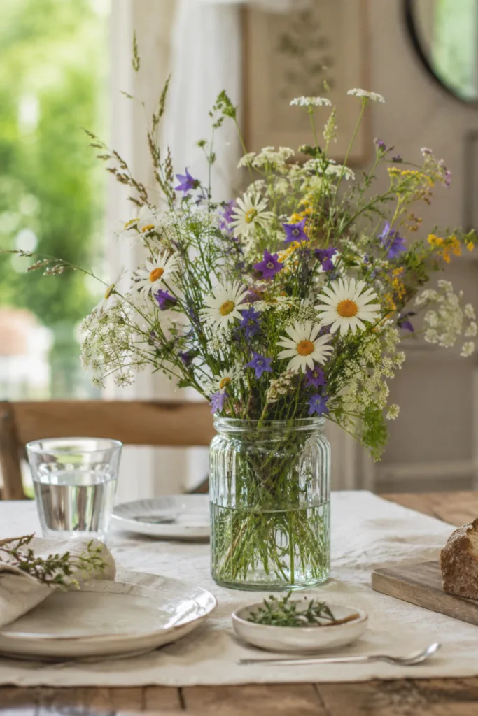 Tischdeko im Juni – 5 wunderschöne Ideen für sommerliche Abende Tischdeko im Juni mit Wiesenblumen, Glasvase, Leinen und Naturmaterialien im Tageslicht