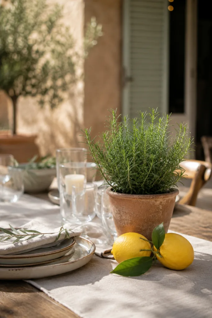 Tischdeko im Juni – 5 wunderschöne Ideen für sommerliche Abende Mediterrane Tischdeko im Juni mit Zitronen, Kräutern, Leinen und Keramik auf Holztisch