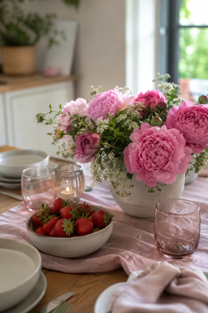 Tischdeko im Juni – 5 wunderschöne Ideen für sommerliche Abende Farbige Tischdeko im Juni mit Pfingstrosen, Erdbeeren und heller Sommerdeko auf Holztisch.