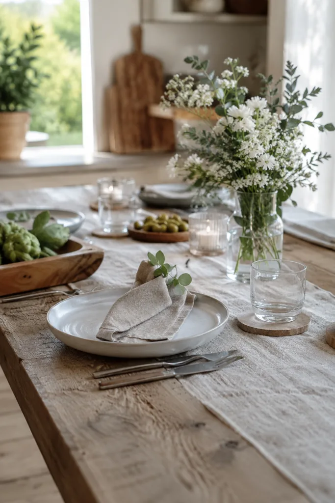 Tischdeko im Juni – 5 wunderschöne Ideen für sommerliche Abende Tischdeko im Juni mit Holz, Leinen, Glasvasen und natürlichen Sommerblumen im Esszimmer